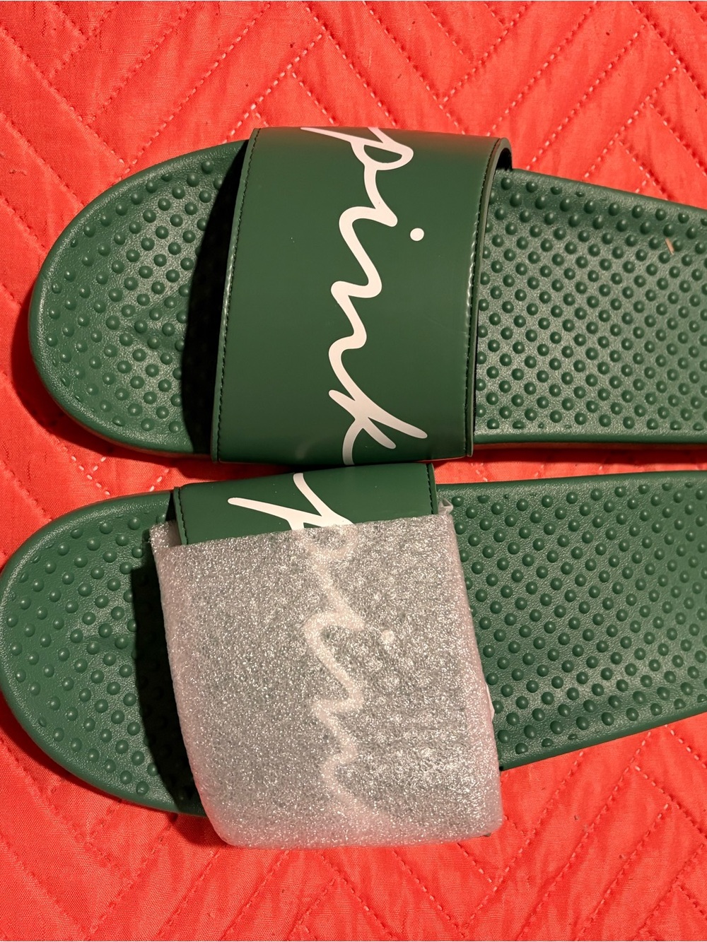 Victoria's Secret Green Slide Sandals with White Script